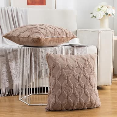 Mimkus Boho Faux Wool Pillow Covers 18 x 18 Inch Set of 2 Soft Plush Short Wool Pillowcase Square Velvet Cushion Case for Sofa Bedroom, Khaki - Image 2