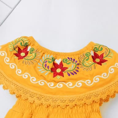 Baby Girls Mexican Dress Sleeveless Off Shoulder Flowers Embroidery Dresses Toddler Traditional Mexico Themed Birthday Party Clothe Cinco De Mayo Outfit Hawaii Holiday Casual Sundress Yellow 2-3T - Image 3