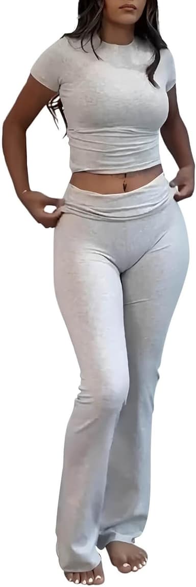 AYWA Women's 2 Piece Lounge Sets Short Sleeve Crop Top Foldover Flare Pants Casual Pajama Outfits - Image 2