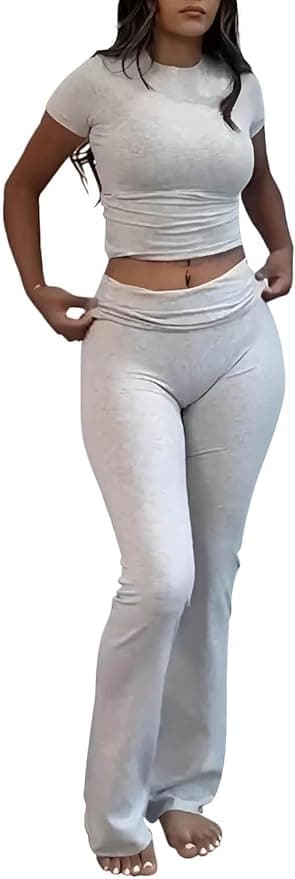 AYWA Women's 2 Piece Lounge Sets Short Sleeve Crop Top Foldover Flare Pants Casual Pajama Outfits - Image 1