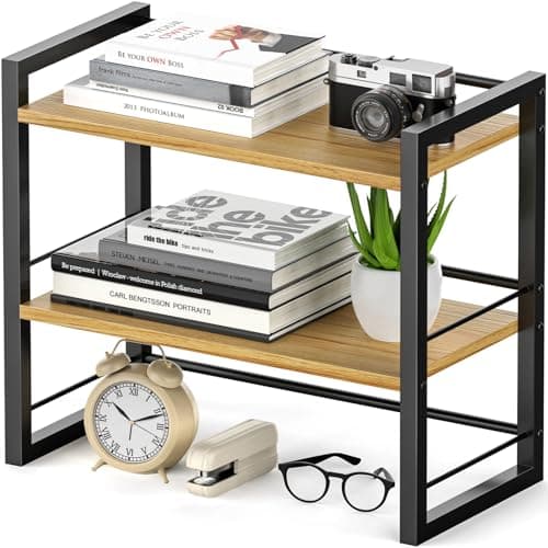 ART-GIFTREE Office Desk Shelf Organizer, Wood Desktop Bookshelf Supplies Storage Rack, Shelf for Top of Desk and Dresser (Black-2 Tier) - Image 1