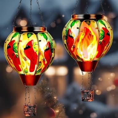 2 Pack Cardinal Solar Hot Air Balloon Lantern with Flame, Outdoor Christmas Decorations Flickering Solar Lights, Glass Hanging Solar Lantern Waterproof, Gardening Gifts for Outdoor Garden Patio Decor - Image 3