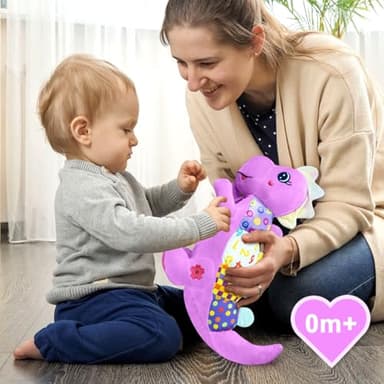 Baby Dino Musical Stuffed Animal Toys for 0-3-6-9-12 Months，Infant Dinosaur Tummy Time Toys with Crinkle Sound Paper，Teether，Textures & Rattles for Newborn Boys Girls Birthday Gifts，Purple - Image 7