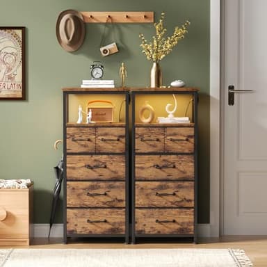 Furnulem Dresser for Bedroom, Tall Nightstand, Vertical Chest with Wood Top, Charging Station, LED Lights, 5 Fabric Bins, Bedside Table with Shelf, Furniture for Entryway (5 Drawer, Rustic Brown) - Image 2