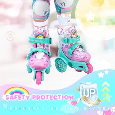 SULIFEEL Adjustable Roller Skates for Girls Boys Kids,Fun Illuminating Light Up Flash Wheels Three-Point Type Balance Suitable for Beginners Indoor Roller Skating Green & Pink Size Small - Image 8