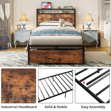 LIKIMIO Twin XL Bed Frames with Drawer, Storage Headboard with Outlets, No Box Spring Needed, Easy Assembly, Vintage Brown - Image 3
