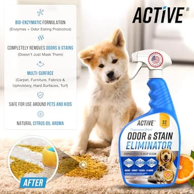 Pet Odor and Stain Eliminator - 32 oz ACTIVE Enzyme Cleaner for Dog & Cat Urine, Stain Remover Spray for Carpet, Upholstery, Hardwood, Spot Cleaning, Deodorizer for Dogs Cats Pets - Natural Citrus Oil - Image 2