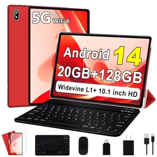 UJJ Android 14 Tablet 10 Inch Tablets, 20GB+128GB/1TB Expandable, Tablets with Octa-Core, WiFi 6, Dual Camera, BT 5.0, 6000mAh Battery, HD IPS Display, Widevine L1, Tablet with Keyboard Mouse - Red - Image 1