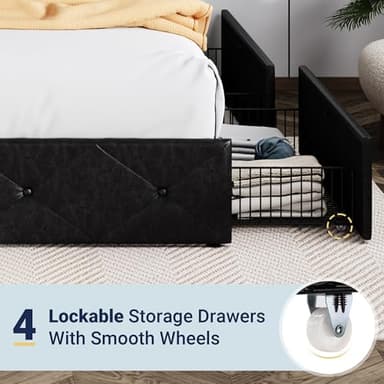 Allewie Upholstered Queen Size Platform Bed Frame with 4 Storage Drawers and Headboard, Diamond Stitched Button Tufted, Mattress Foundation with Wooden Slats Support, No Box Spring Needed, Black - Image 5