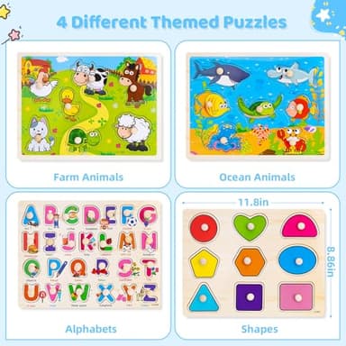 Wooden Peg Puzzles for Toddlers 2 3 4 Year Old, 4 Pack Montessori Toys Preschool Learning Puzzles for Toddlers 1-3 with Animals, Shapes, Alphabet, Wooden Toddler Toys Gifts for Kids Boys Girls - Image 6