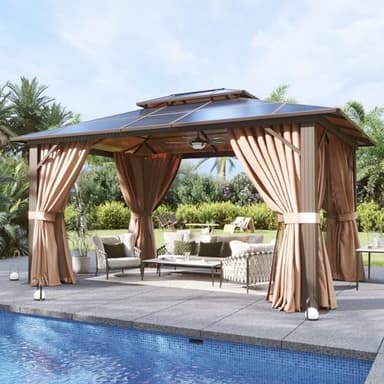 Aoxun 10'x12' Hardtop Gazebo, Aluminum Frame Permanent Pavilion with Curtains and Netting, Outdoor Polycarbonate Gazebo, Double Roof Canopy, for Gardens, Patios, Lawns - Image 3