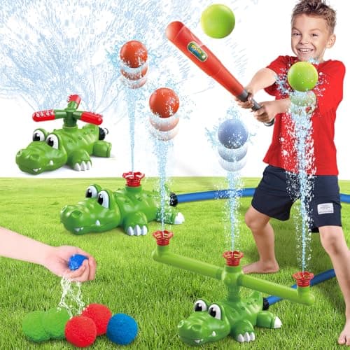 Intoypad 4-in-1 Kids Water Sprinklers T Ball Set & Water Ball Toy, Crocodile Baseball Sprinkler for Backyard Outdoor Summer Toys for Boys Girls Outside Yard Water Game Toys for Kids Toddlers Ages 3-8 - Image 1