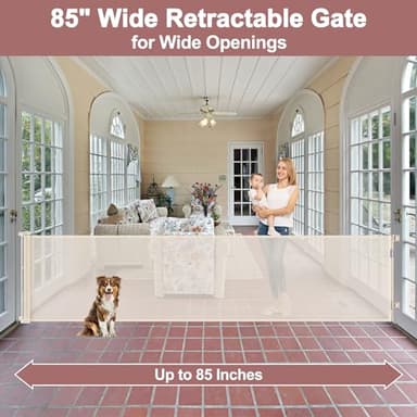 85 Inch Retractable Baby Gates Extra Wide Retractable Dog Gate Outdoor Retractable Gate Indoor Mesh Gate, Wide Baby Gate Retractable Gates for Dogs, Doorways, Beige - Image 2