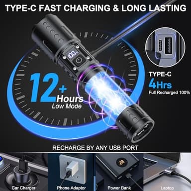 Flashlights High Lumens Rechargeable - Super Bright Tactical LED Flash Light, Dimmable&Memory Function Powerful Waterproof Flashlight for Camping,6 Modes,Zoomable,LCD Display (2, Black) - Image 5
