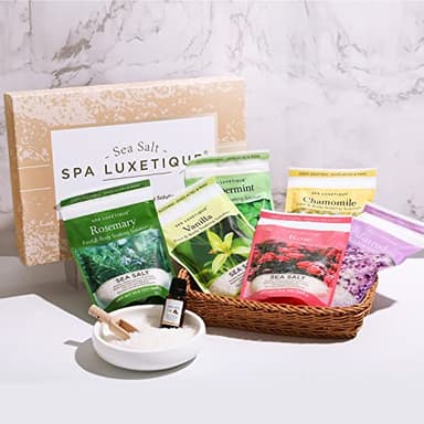 spa luxetique Bath Salts Gift Set 6-Pack, Foot and Body Sea Salts for Soaking, Wooden Scooper, 0.5oz Argan Oil, Bath Salts for Women Relaxing, Mother's Day Gifts for Mom - Image 2