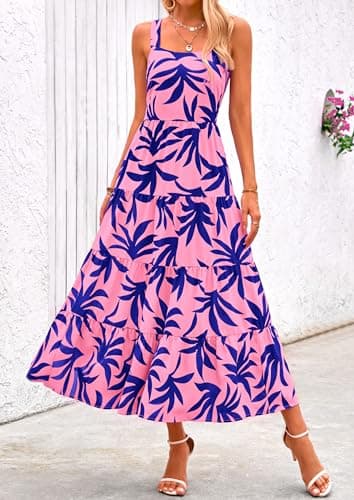 PRETTYGARDEN Women's Summer Floral Maxi Dress Sleeveless Smocked Ruffle Long Flowy Beach Vacation Boho Sundresses (Floral Pink Blue,Small) - Image 4