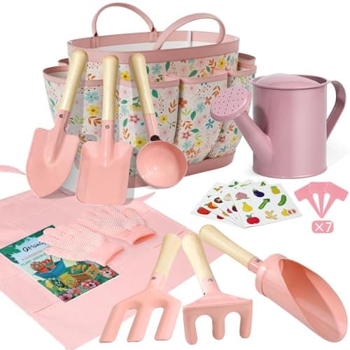 Kids Gardening Set 14Pcs Gardening Tools for Kids with Tote Bag,Watering Can, Shovel, Apron, Garden Book and More Educational STEM Learning Outdoor for Toddlers Boys Girls (Pink) - Image 1