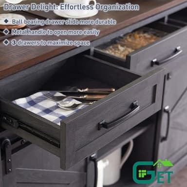 IFGET Farmhouse Buffet Cabinet, 53” Sideboard Cabinet w/3 Drawer, Rustic Storage Cabinets w/Sliding Barn Door, Coffee Bar for Dinning Room, Kitchen, Hallway, and Living Room-Dark Grey - Image 4