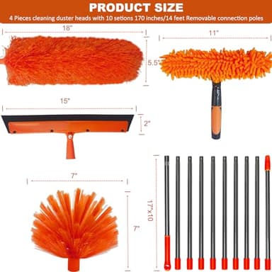 20+ Feet High Reach Duster Kit with 3-14 ft Extension Pole High Ceiling Dusting and Window Cleaning Kit with Spliceable Pole - Window Washer & Squeegee, Cobweb Duster, Fan Blade and Feather Dusters - Image 2