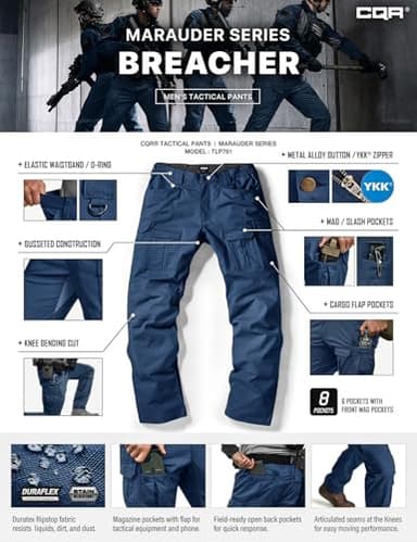CQR Men's Flex Ripstop Tactical Pants, Water Resistant Stretch Cargo Pants, Lightweight EDC Hiking Work Pants, Breacher Midnight Blue, 36W/34L - Image 7