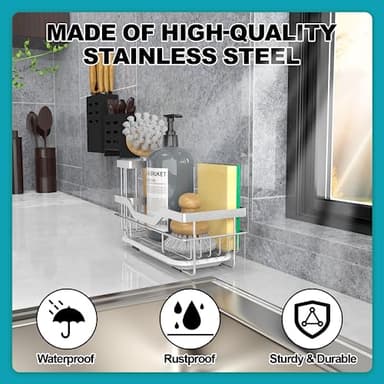 Vanwood Kitchen Sink Caddy Organizer Sponge Holder for Kitchen Sink, Rustproof Dish Soap Sponge Caddy for Counter with Detachable Brush Holder & Drain Tray - Storage Home & Cocina Accesorios, SILVER - Image 3