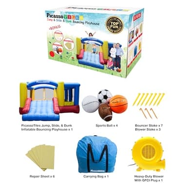 [Upgrade Version] PicassoTiles KC102 12x10 Foot Inflatable Bouncer Jumping Bouncing House, Jump Slide, Dunk Playhouse w/Basketball Rim, 4 Sports Balls, Full-Size Entry, 580W ETL Certified Blower - Image 3
