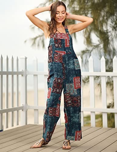 Himosyber Women's Patchwork Dual Pocket Jumpsuit Loose Floral Print Bohemian Wide Leg Bib Overall (#1TealBlue, XL) - Image 3