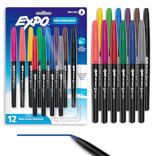 EXPO Wet Erase Markers, Semi-Permanent Markers, Assorted, Ultra Fine Tip, 12 Count - Image 1