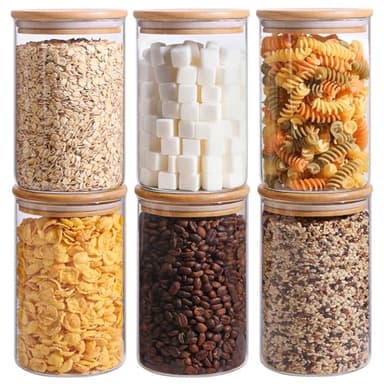 ComSaf 1 Qt Glass Storage Containers with Lids, Glass Jars with Lids, Clear Food Storage Jar, Round Canister Set of 6, Pantry Organizers for Cookie Pasta Flour Rice Tea Coffee Bean - Image 9