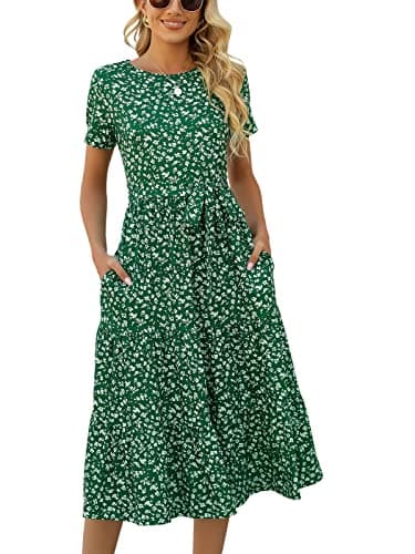 Lyrur Wedding Guest Dresses for Women Short Sleeve Belted Tiered Ruffle Summer Casual Sundress with Pockets(L,9191-GN Floral) - Image 1