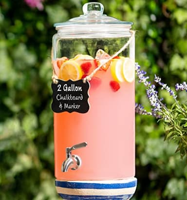 2 Gallon Beverage Serveware with Stainless Steel Spigot + Marker & Chalkboard 100% Leakproof Glass Drink Dispenser for Parties with Spout, Airtight Beverage Dispenser for Water Juice Laundry - Image 1