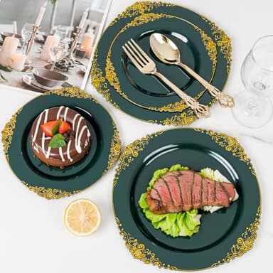 Joyido 102PCS Green and Gold Plates - Green Plastic Plate - Fancy Heavy Duty Disposable Plates - Heavyweight Disposable Dinner & Dessert Plate for 51 Guests for Party & Wedding - Image 3
