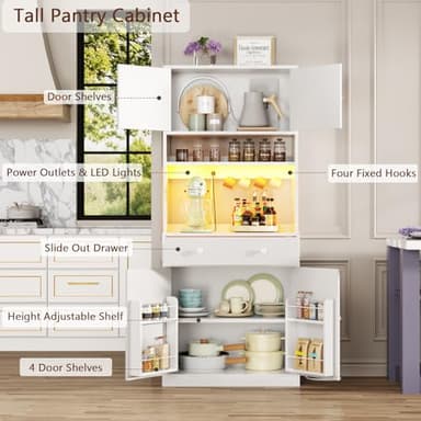 Korfile 71" Tall Kitchen Pantry Storage Cabinet with Power Outlet & LED Light, Freestanding Food Pantry Cabinet with 4 Doors and Shelves, Cupboard with Drawer, Hutch with Microwave Stand, White - Image 4
