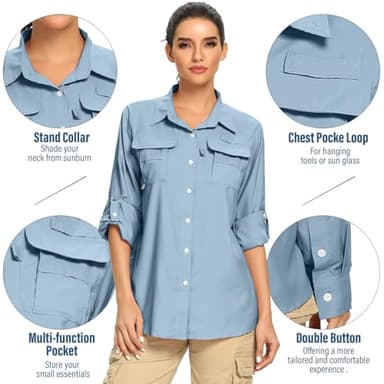 Women's UPF Long Sleeve Fishing Shirts Button Up Hiking Safari Shirts Sun Protection and Quick Dry,Light Blue,XXL - Image 2