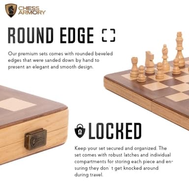 15 Inch Magnetic Wooden Chess Set for Adults & Kids - Folding Travel Chess Board with Handcrafted Staunton Pieces, Extra Queens, and Storage Slots - Image 5