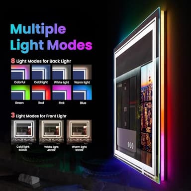 Snowdool LED Mirror for Bathroom, 55"X36" with 8 RGB Backlit +3 Front Lit (Adjustable Individually), Anti-Fog, Large Lighted Bathroom Vanity Mirror for Wall,Shatterproof,Memory Function,Tempered Glass - Image 2
