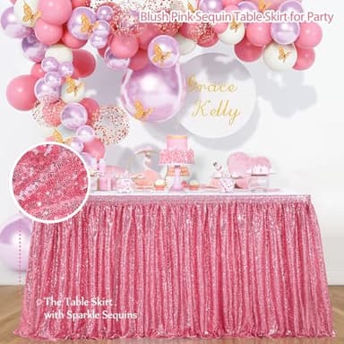 Blush Pink Table Skirts for rectangle 9ft Sequin Table Cloth Glitter Table skirt for Baby Shower girl Birthday Party Wedding Decorations - Image 6