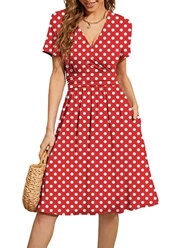 WEACZZY Women Summer Casual Short Sleeve Dresses Empire Waist Dress with Pockets,White Dot Red,L - Image 1