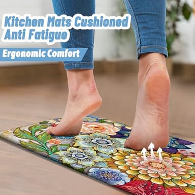 Tubeamin Boho Floral Kitchen Rugs Mats for Floor 2 Piece Memory Foam Padded Kitchen Mats Anti Fatigue Non Slip Cushioned Comfort Standing Mat, 17.3x28+17.3x47 Inch - Image 3