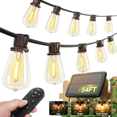 addlon 54(48+6) FT Solar String Lights Waterproof,Patio Lights Solar Powered with Remote & USB Port 15+1 LED Shatterproof Bulbs 3 Light Modes, Dimmable Solar Light for Camping Backyard Garden - Image 1