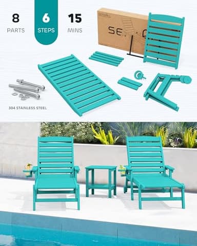 SERWALL Patio Chaise Lounge Chair Set of 2, 78'' Long 5-Positions Adjustable HDPE Outdoor Lounger for Pool, Poly Lounge Chair with Rolling Wheels & Cup Holder for Poolside, Deck, Aqua Blue - Image 6