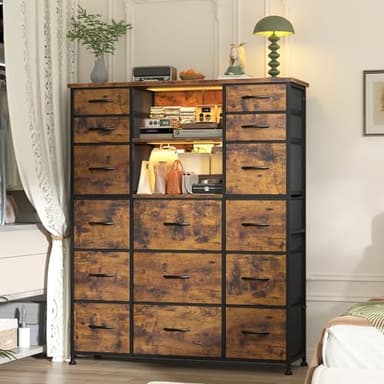 EnHomee 51" H Dresser with 15 Drawers Dresser for Bedroom with Charging Station & LED Lights & Hutch Sturdy Fabric Bedroom Dressers, Steel Frame, Wood Top, Rustic Brown, 51.2" H x 39.3" W x 11.8" D - Image 9