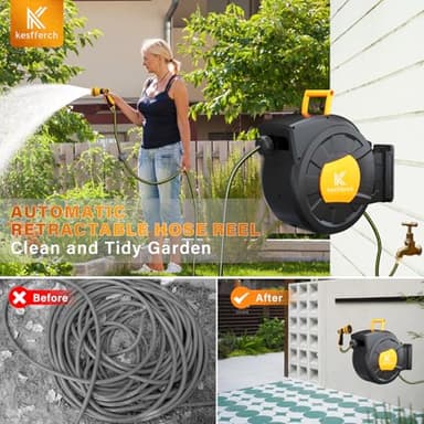 Retractable Hose Reel, 1/2 Inch x 98 FT Compact Water Hose Reel Wall Mounted Garden Hose Reel with 10 Pattern Nozzles, Any Length Lock, Slow Rewind Storage, 180°Swivel Bracket - Image 4