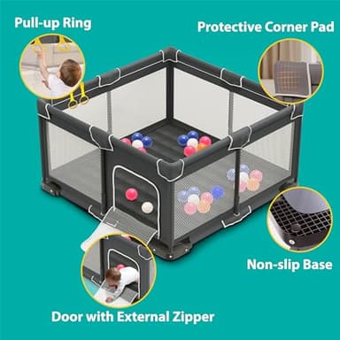 ICAREWAY Foldable Playpen for Babies and Toddlers, 50x50 Inches Portable Playpen, Kids Collapsible Play Pen with 2 Handlers, Indoor & Outdoor Baby Fence Play Area with Visible Mesh, Dark Gray - Image 5