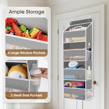 SpaceHacks 1 Pack Over The Door Organizer, Hanging Storage Organizer with Clear Window, 40lb Ultra Sturdy Large Capacity Room Organizer for Pantry Laundry Bathroom Nursery Closet Baby Essential (Grey) - Image 4