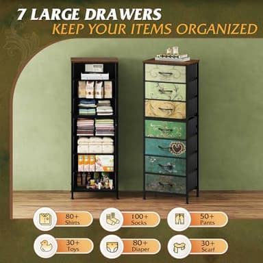 WLIVE Tall Dresser for Bedroom, 7 Drawer Dressers & Chests of Drawers, Fabric Dresser for Closet, Living Room, Night Stand with Metal Frame, Storage Tower with Fabric Bins, Wood Top, Floral Painted - Image 4