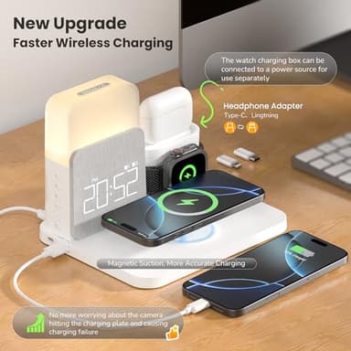 Alarm Clock with Wireless Charger for Bedrooms, 6 in 1 Wireless Charging Station, Magnetic Charger with Night Light Bedside Clock for iPhone 16 15 14 13 12 Pro Max, Apple Watch - Image 2