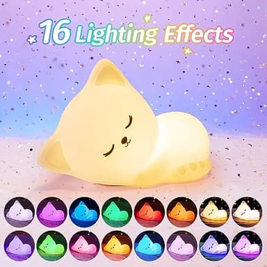 Night Light for Kids,16 Colors Cat Lamp Cute Lamp,Dimmable Baby Night Lights for Nursery,Silicone Rechargeable Nightlight for Kids Room,Kawaii Room Decor,Cat Gifts for Girls Gift for 3-6 Year Old Girl - Image 3