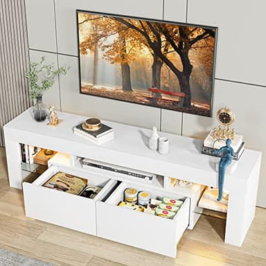 JUMMICO TV Stand with LED Lights, Modern Entertainment Center Media and Open Shelf Console Table Storage Desk with 1 Drawer and Remote Control 20 Color LED Lights up to 70 Inch TV (White) - Image 7
