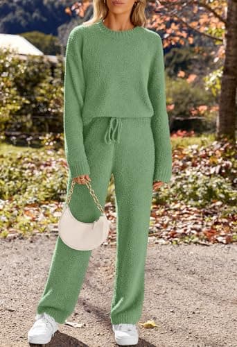 MEROKEETY Womens Pajama Sets 2025 Fall Lounge Sweater Set Cute Fuzzy Fleece 2 Piece Long Sleeve Cozy Winter Pj Outfits, SeaGrass, Large - Image 3